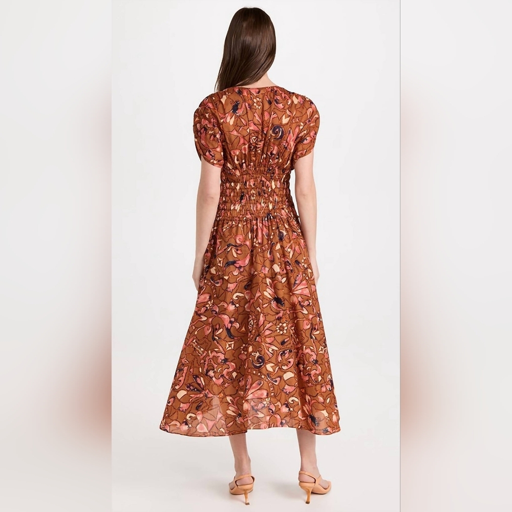 A.L.C. Lucia Corset Waist Cotton Floral Midi Dress Size 0 Bronze Navy Coral - Picture 7 of 14